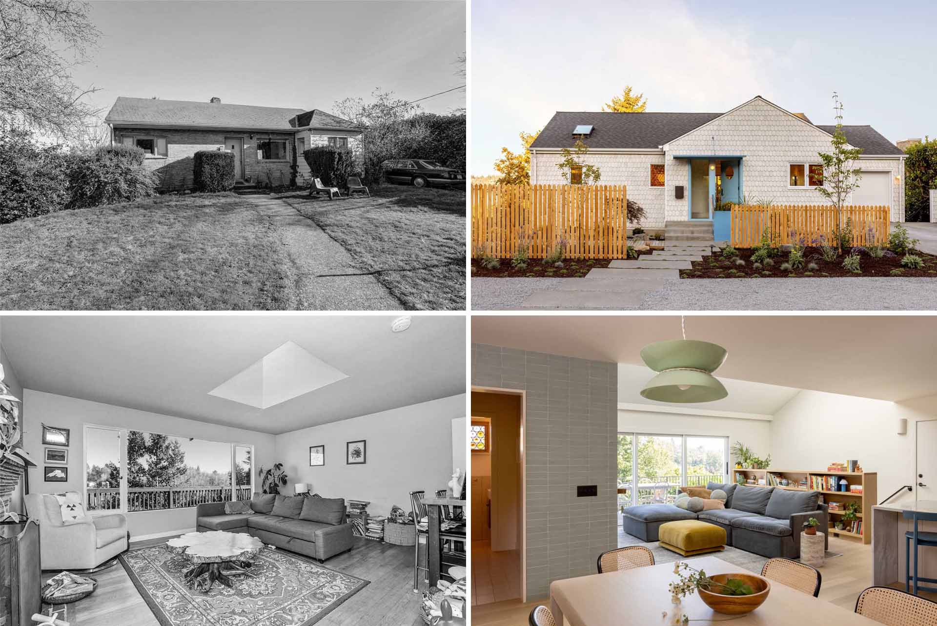 A renovated home with scalloped shingles and blue accents.