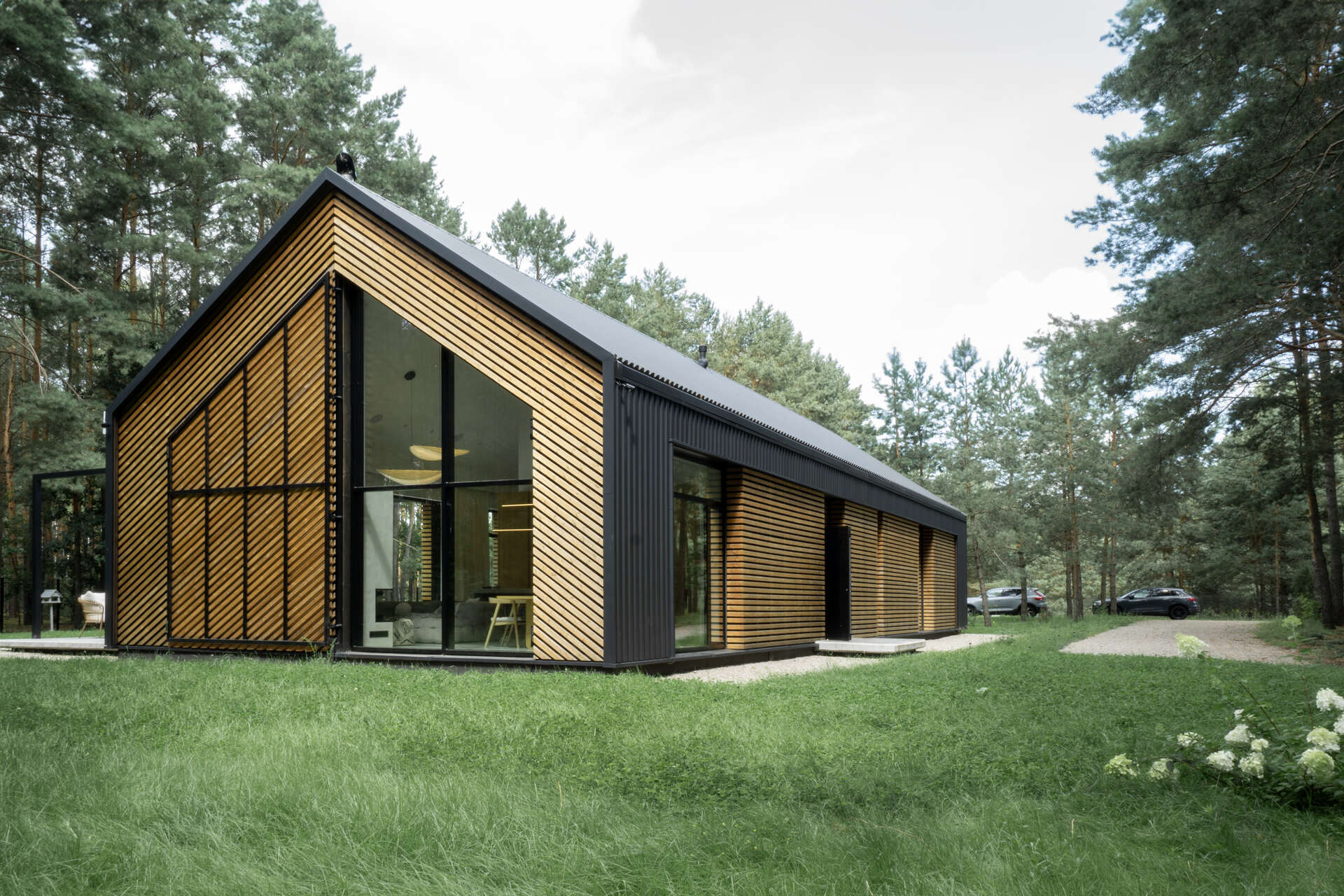The facade of this modern home is clad in black metal and wood accents like an oversize operational screen.