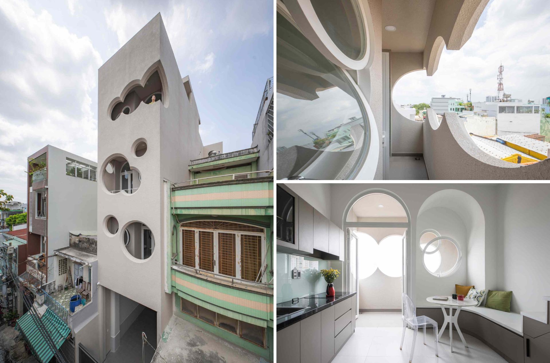 A modern apartment building fills a narrow lot and features cloud-shaped openings.