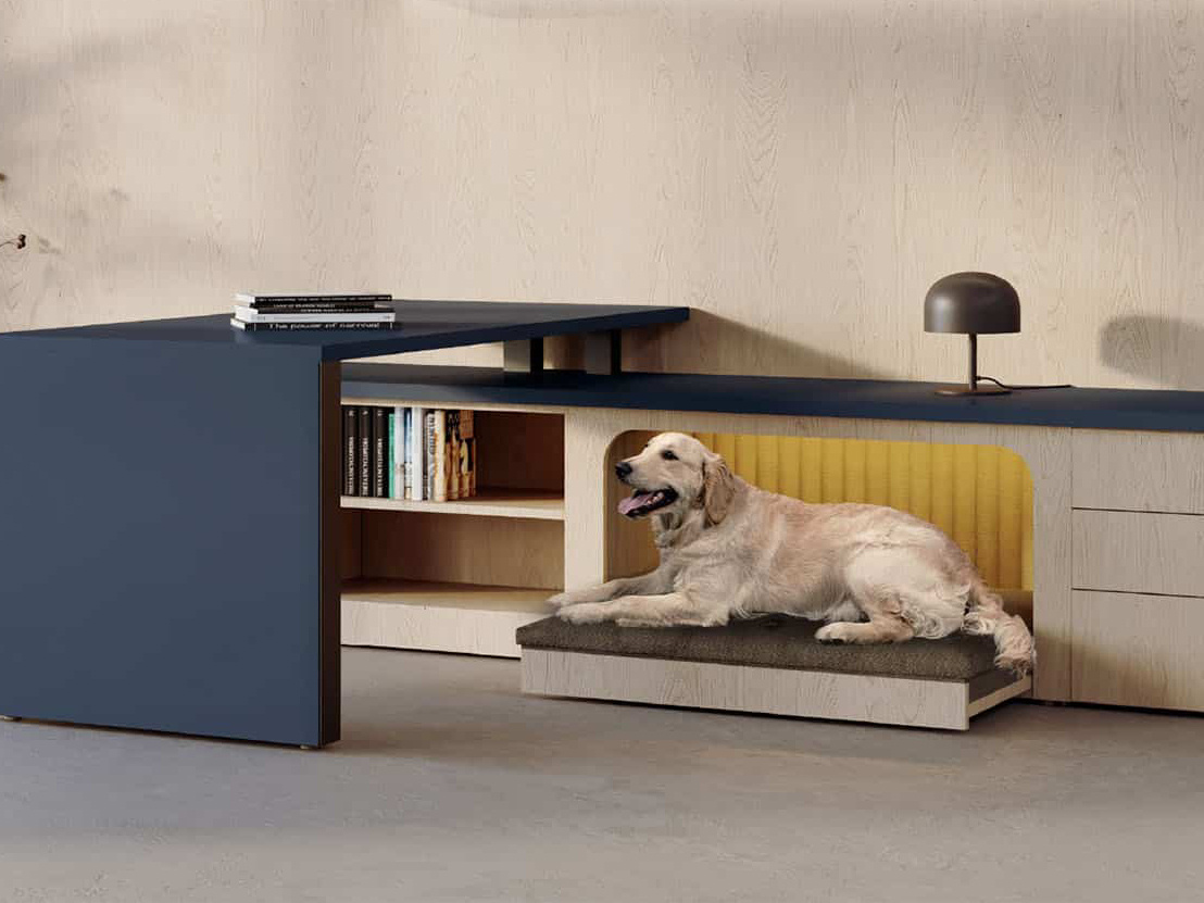 Central Bark by Chrissy Fehan for Darran is a sleek modern desk with a built-in pet nook that slides neatly in and out. Perfect for pet-friendly workspaces, it offers a cozy spot for dogs without sacrificing style or function.