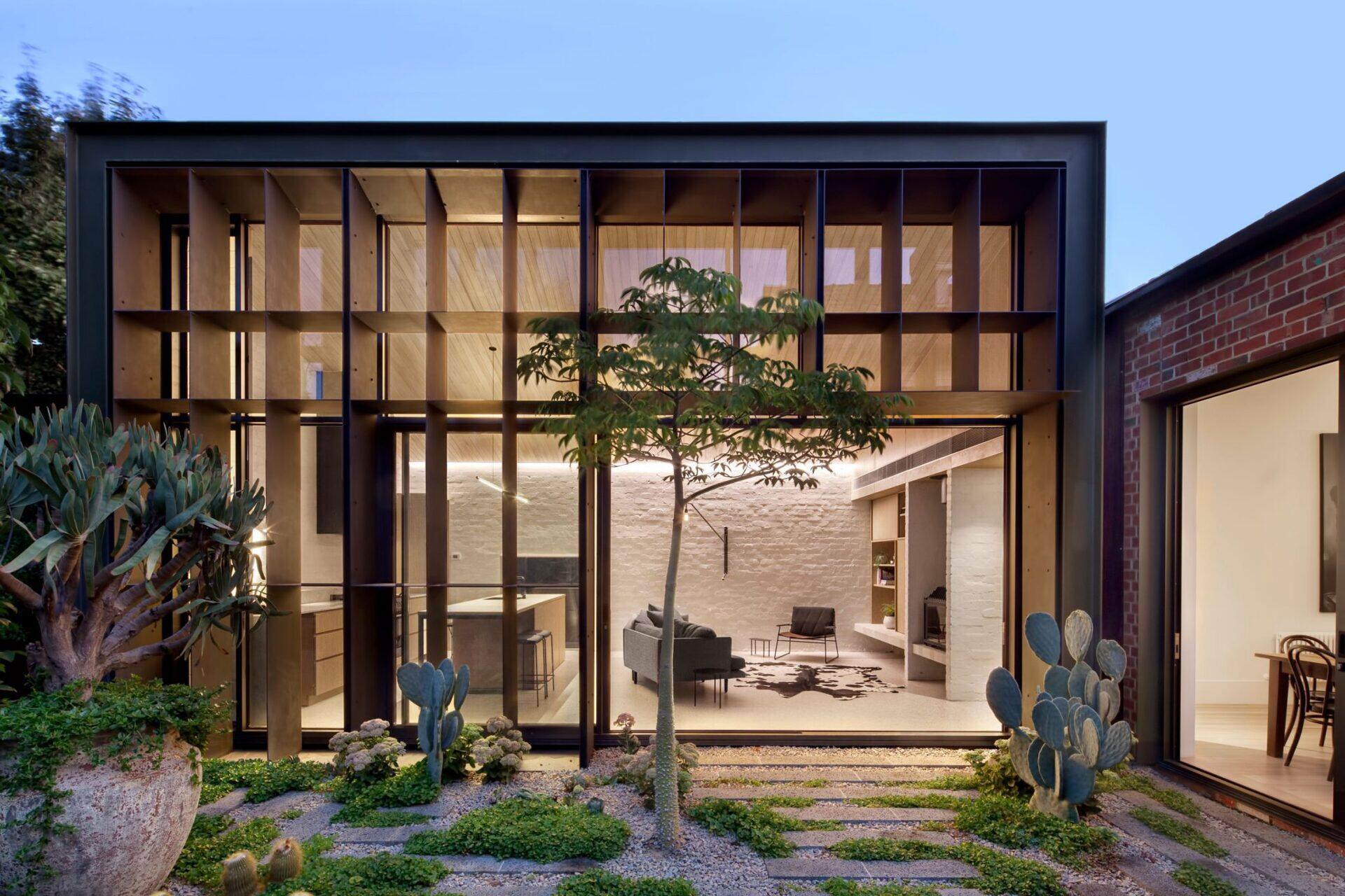 The new pavilion’s structural steel baffle regulates sunlight while casting dramatic shadows.